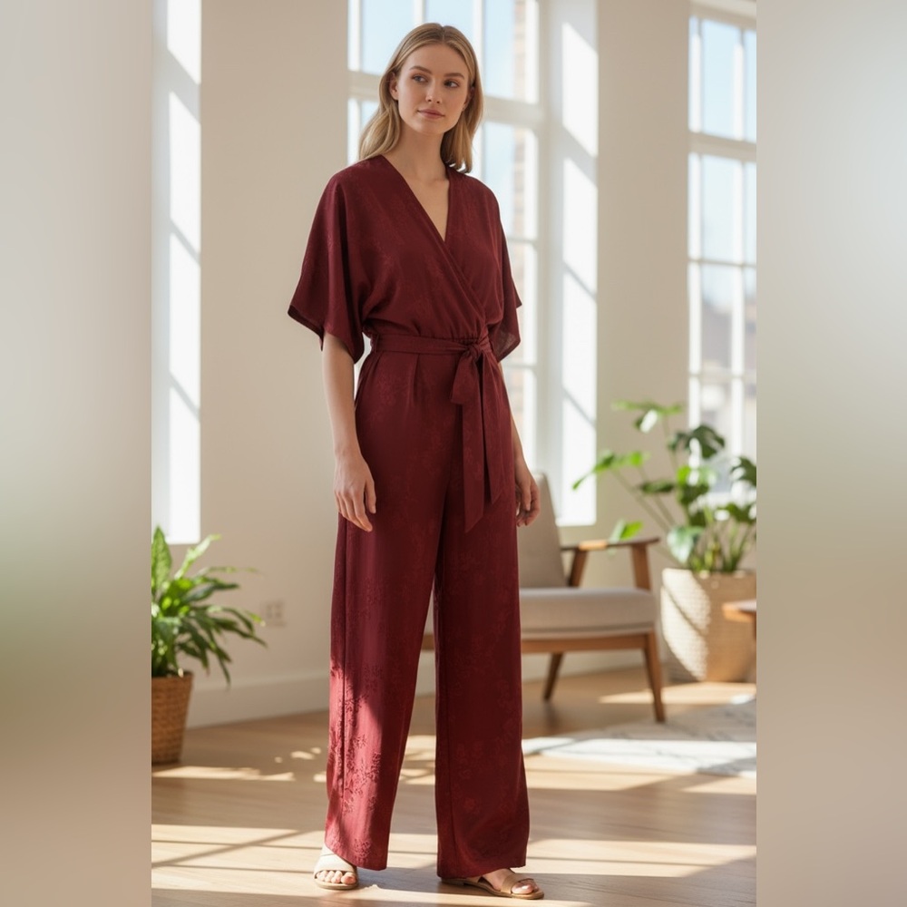 NWT ZARA LONG JACQUARD JUMPSUIT Burgundy